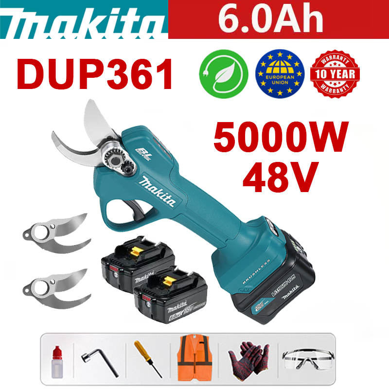 Vrtne škarje Makita DUP361PT2 + zaslon z baterijo - (12-urna življenjska doba baterije) 5000 W brezkrtačni motor z litijevimi baterijskimi škarjami + 48 V 6,0 Ah baterija * 2 + polnilec + rezilo iz zlitine SK9 * 3 + škatla z orodjem + mazivo + Zaščitna očala, 10 letna garancija