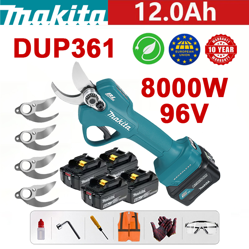 Makita DUP361PT2 vrtnarske škarje + LED prikazovalnik moči - (življenjska doba baterije 24 ur) 8000 W brezkrtačni motor Litijeve baterije škarje za obrezovanje + 96 V 12,0 Ah baterija * 3 + polnilec + rezilo iz zlitine SK9 * 4 + škatla z orodjem + mazivo + zaščita očala, 10 let garancije