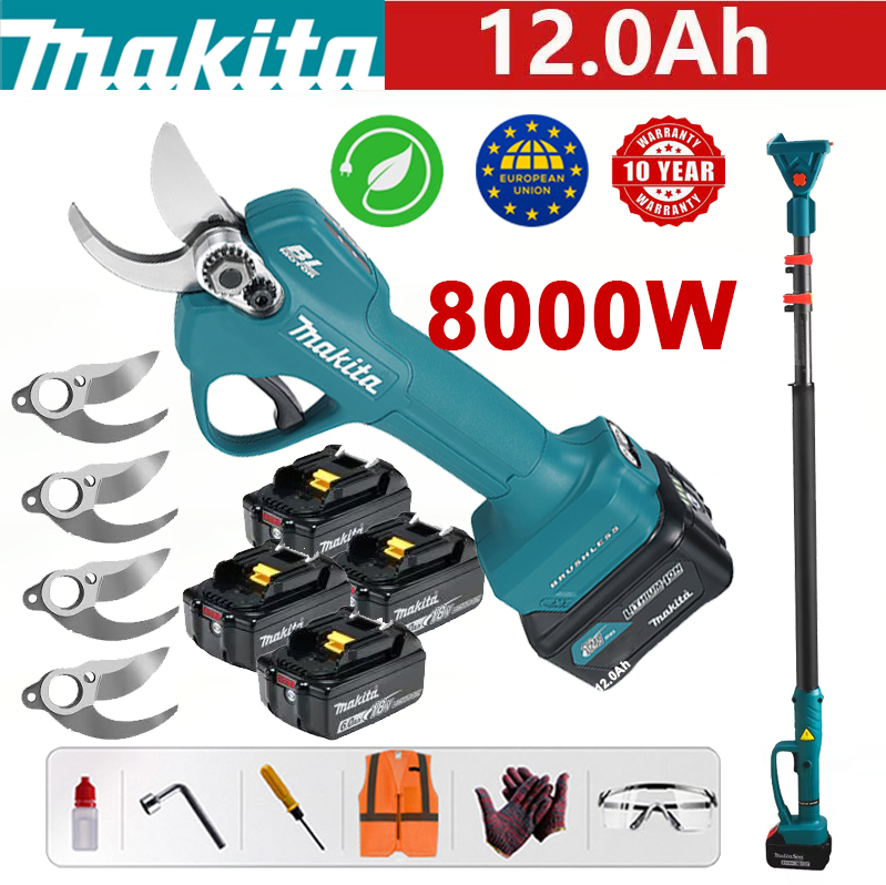 【Teleskopska palica: 2.5M】Makita DUP361PT2 vrtnarske škarje + LED prikazovalnik moči - (življenjska doba baterije 24 ur) 8000 W brezkrtačni motor Litijeve baterije škarje za obrezovanje + 96 V 12,0 Ah baterija * 3 + polnilec + rezilo iz zlitine SK9 * 4 + škatla z orodjem + mazivo + zaščita očala, 10 let garancije